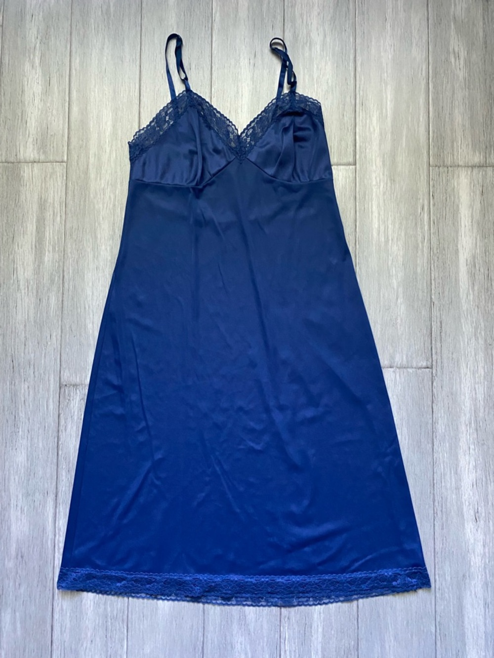 Vanity Fair Vintage Lace-Trim Slip Dress Navy Nightgown Womens